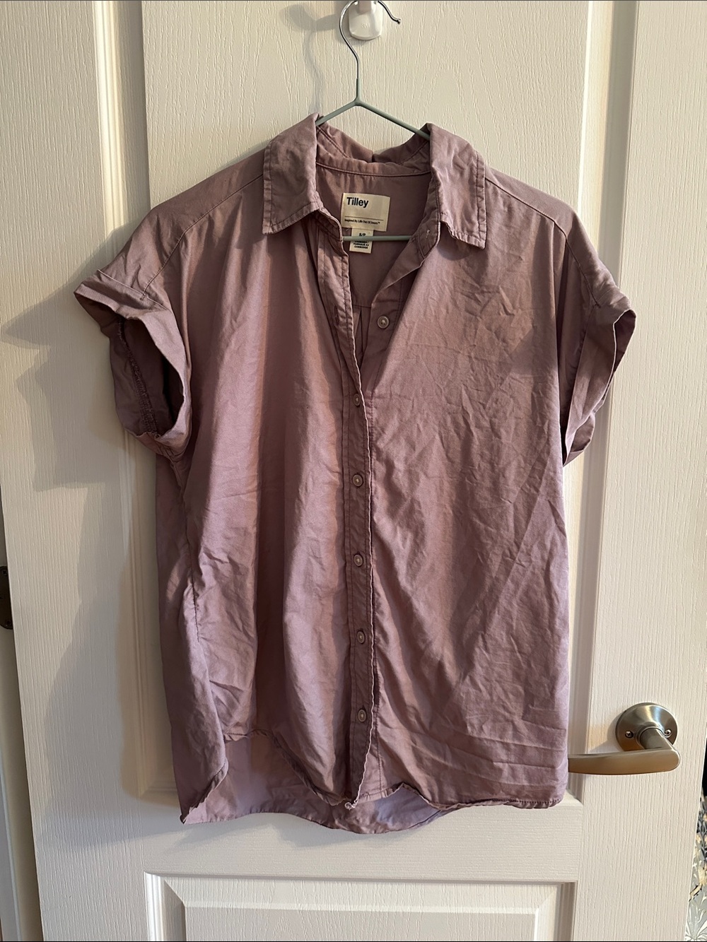 Tilley purple short sleeve button up top